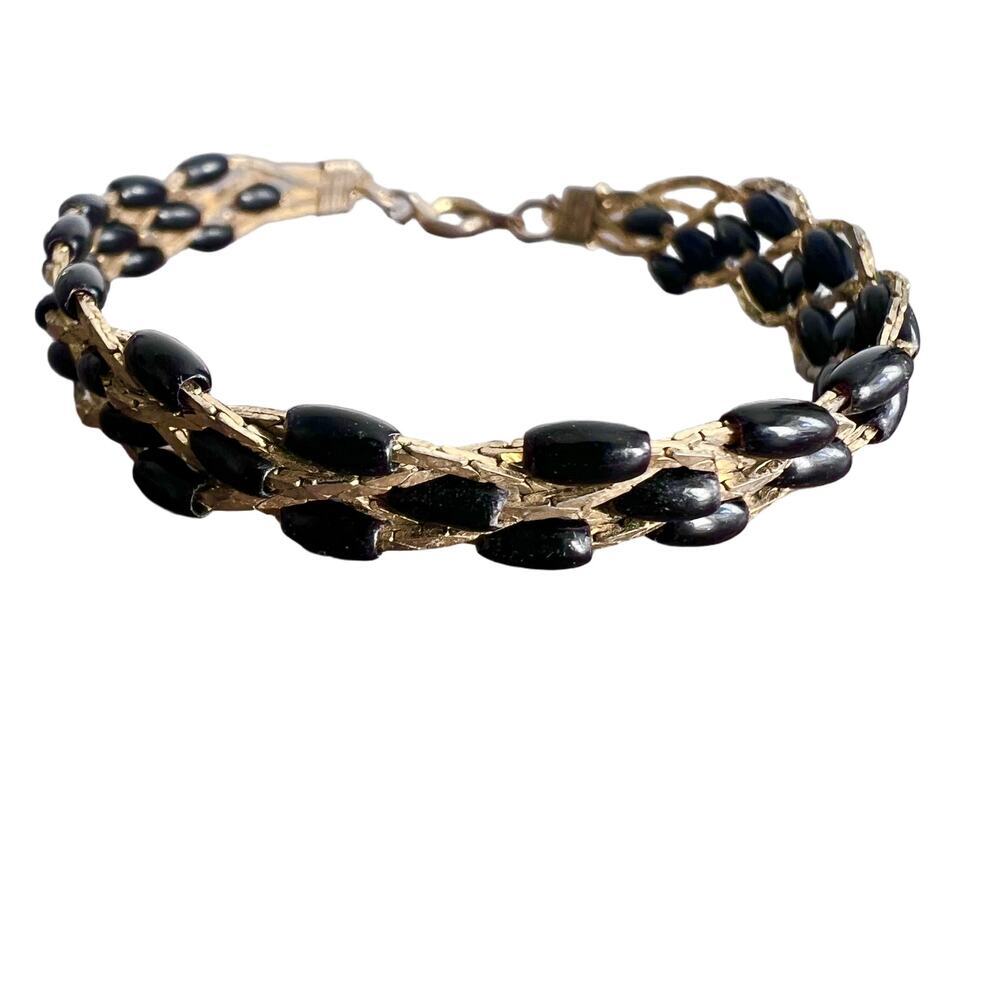 Black and gold mesh beaded braided elegant vintage fancy bracelet